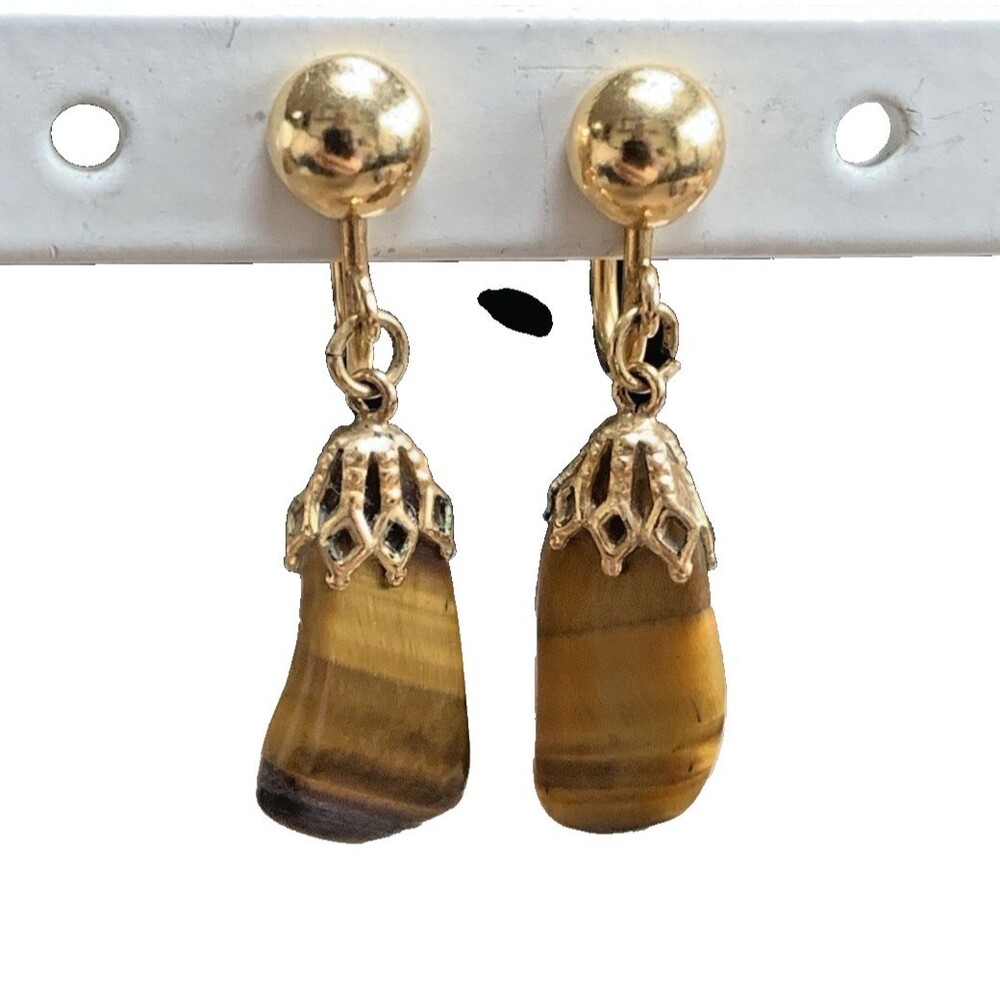 Vintage Tiger’s Eye Drop Earrings 12K GF Screw Back Gold Filled Dangle